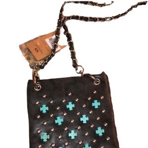 SS Fashion faux leather crossbody very dark gray black turquoise studded crosses